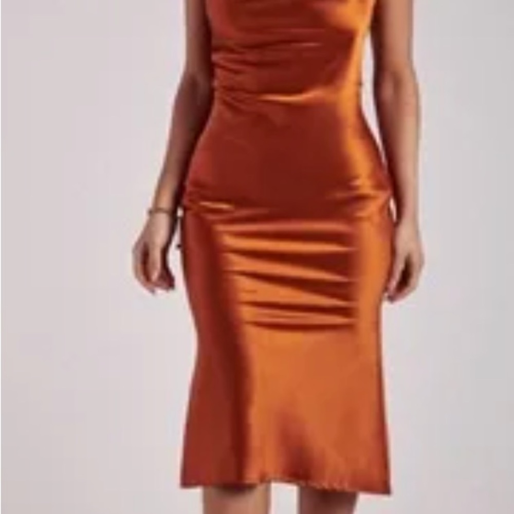 Burnt Orange Satin Cowl Neck Midi Dress – XS (MESHKI)